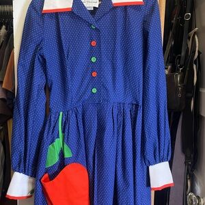 Vintage 60s Polka Dot Blue Dress with Apple Design